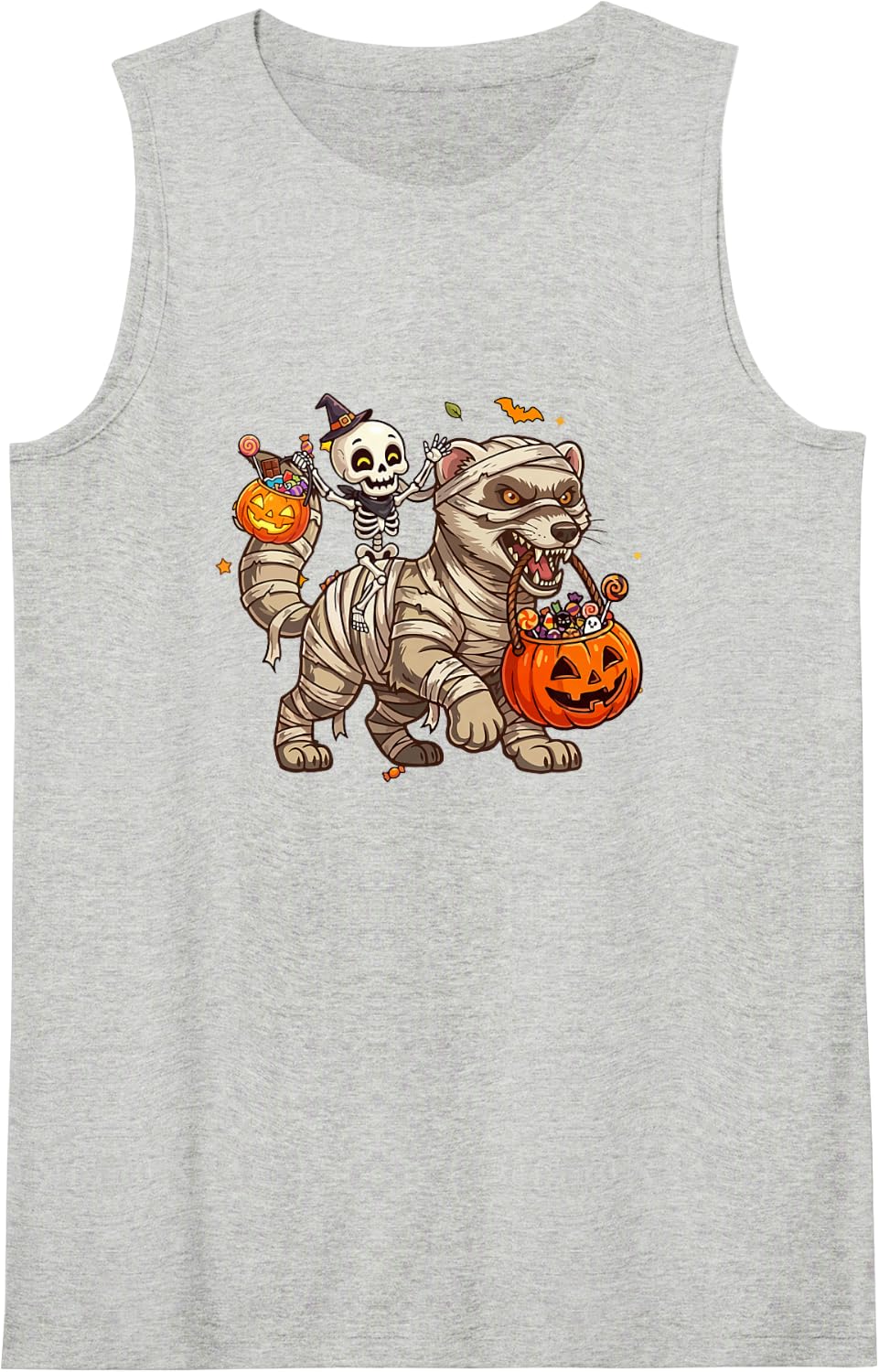 Skeleton Riding Ferret As Mummy Halloween Candies Basket Tank Top - Heather Grey