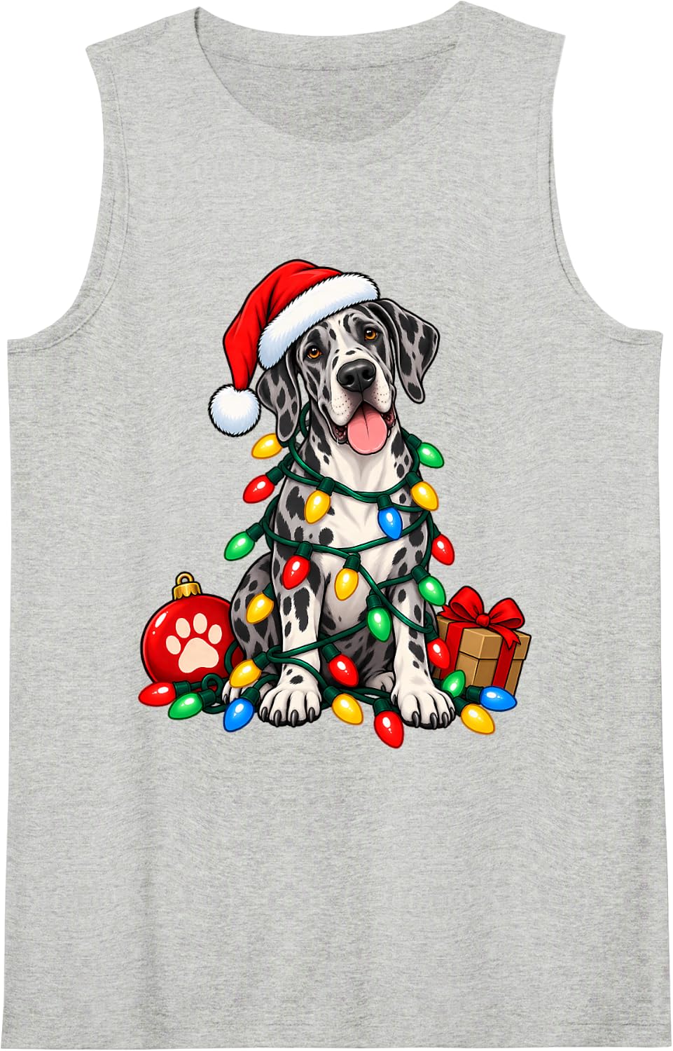 Santa Great Dane Christmas Lights Funny Dog Lover Xmas Sleeveless Tank Top - Heather Grey