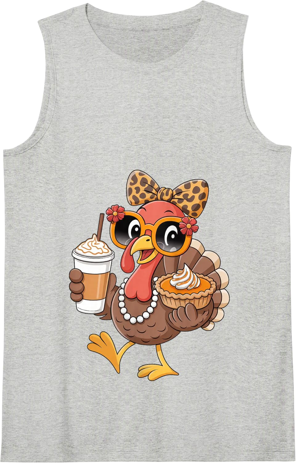 Turkey Drinking Coffee Bow Thanksgiving Leopard Women Tank Top - Heather Grey