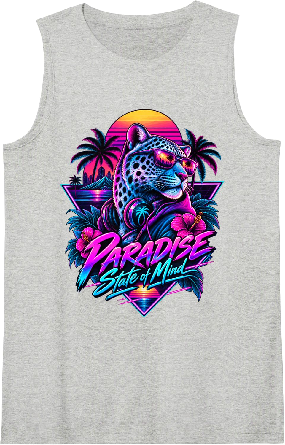 Retro 80s Synthwave Leopard Sunset Paradise State of Mind Sleeveless Tank Top - Heather Grey