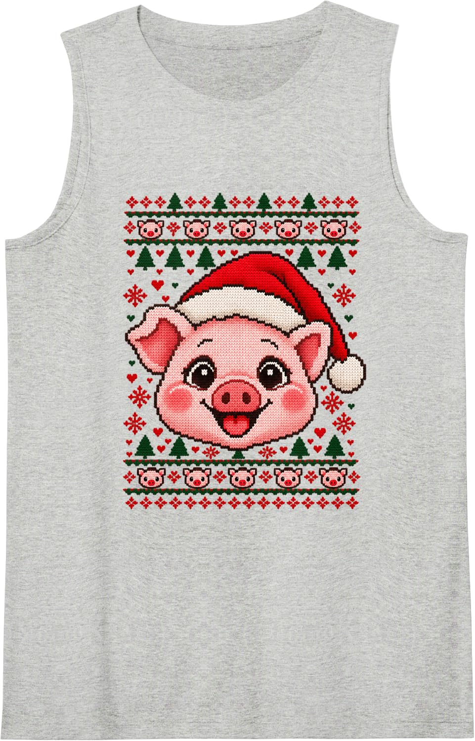 Happy Pig Christmas Dog Santa Hat Ugly Sweater Sleeveless Tank Top - Heather Grey