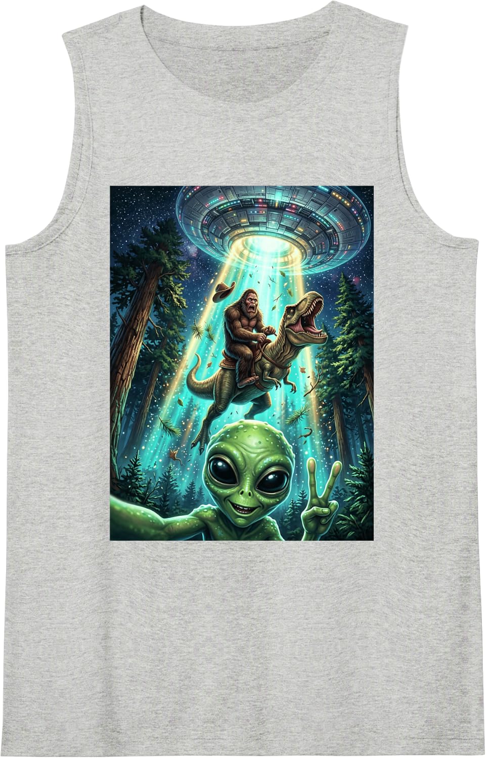 Alien Selfie Bigfoot T-Rex Abduction UFO Funny Sleeveless Tank Top - Heather Grey