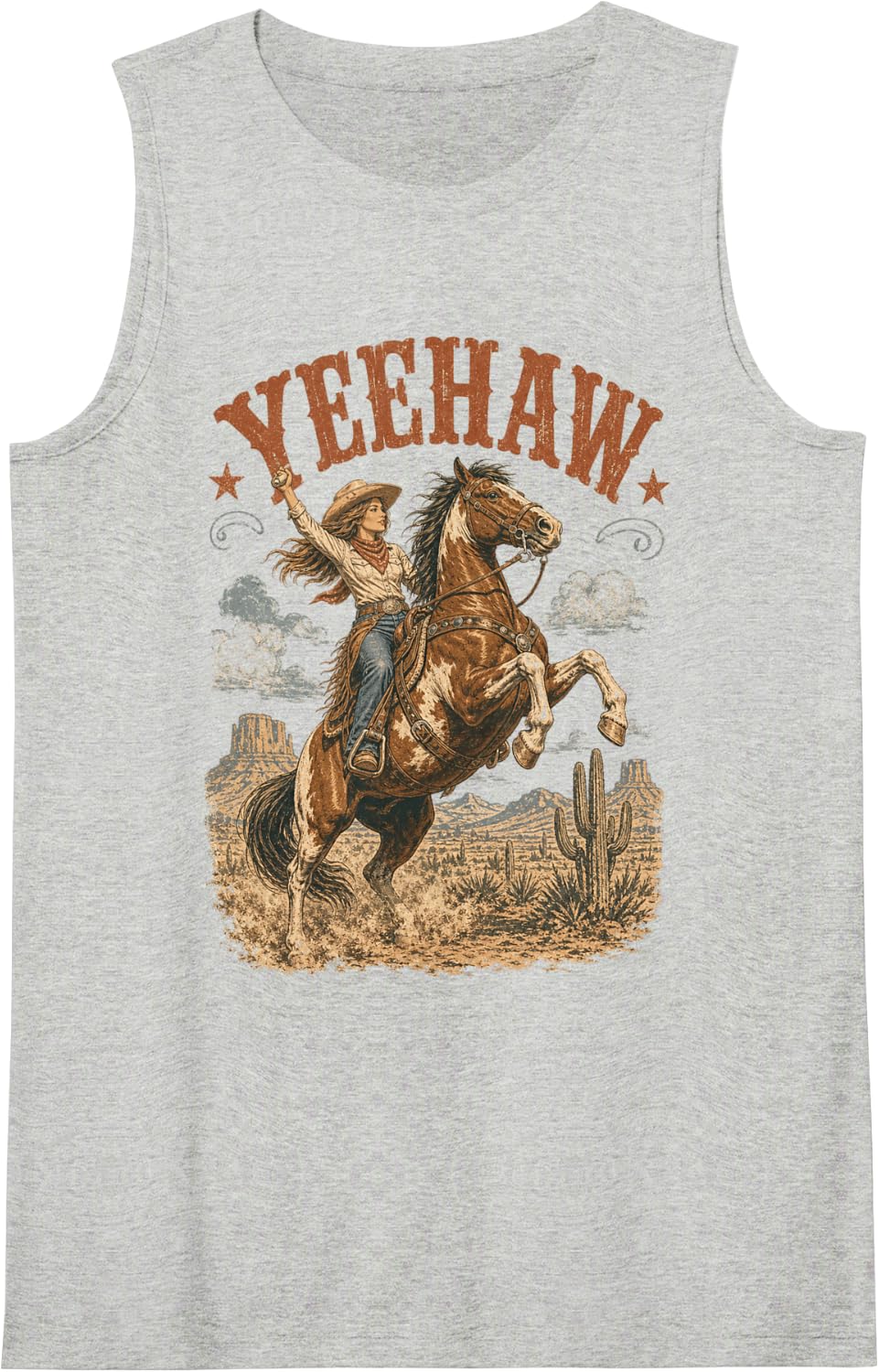 Yeehaw Cowgirl Horse Riding Vintage Western Desert Graphic Sleeveless Tank Top - Heather Grey