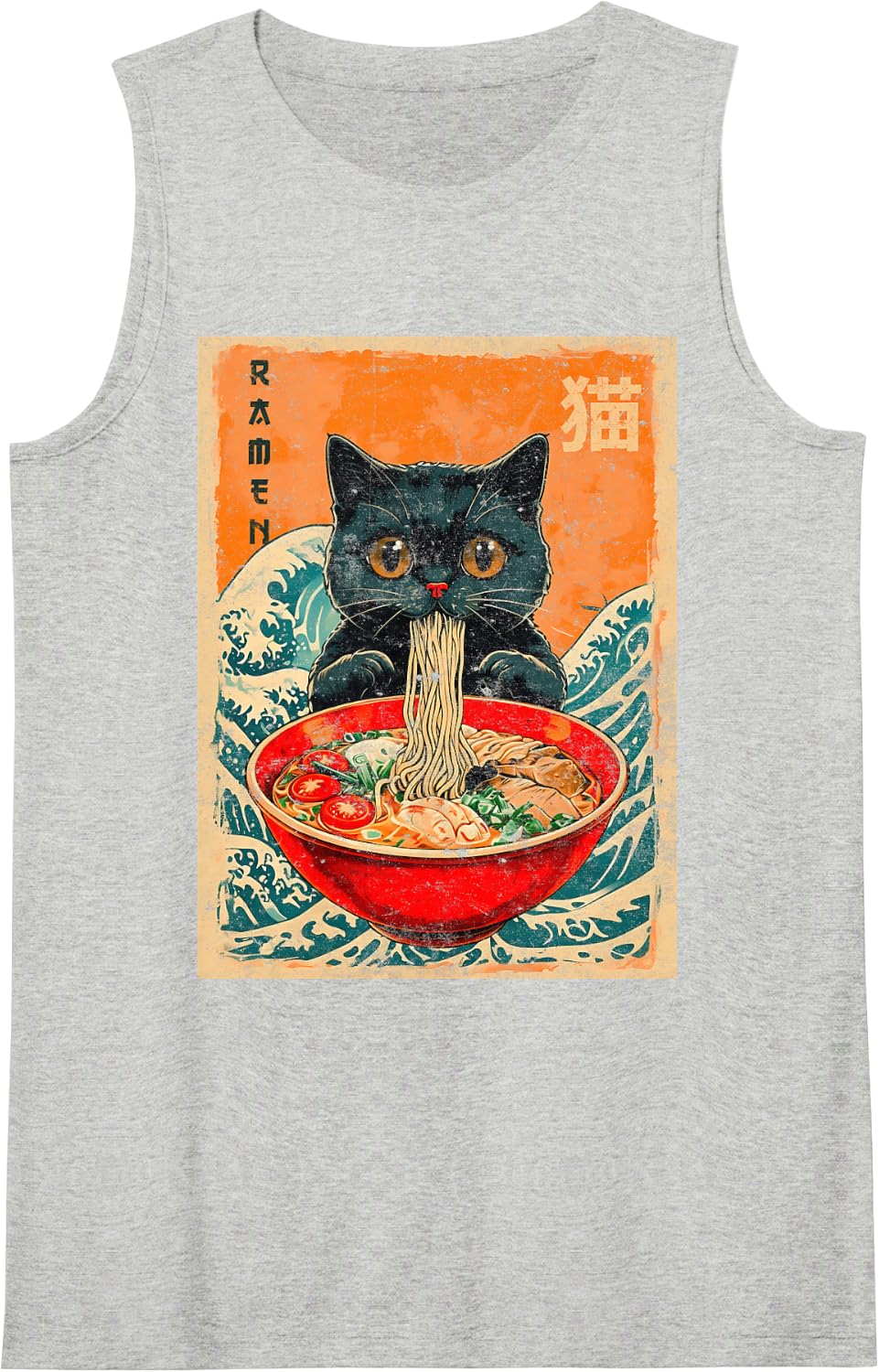 Cat Ramen Japanese Anime Shirt Funny Graphic Tees Kawaii Cat Sleeveless Tank Top - Heather Grey