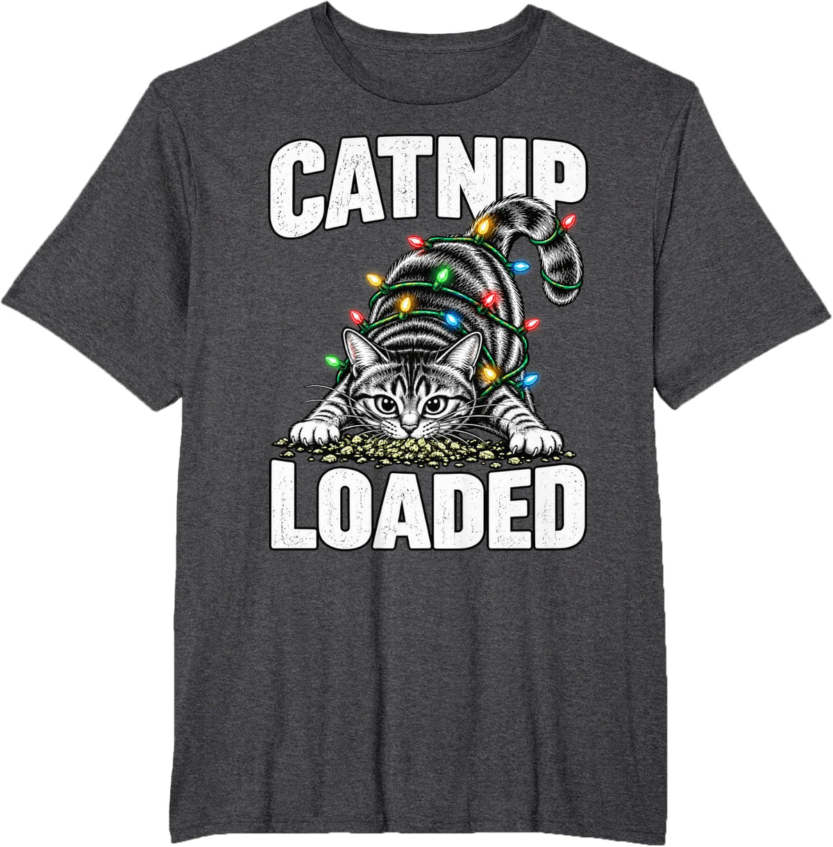 Christmas Catnip Loaded Cat with Holiday Lights Xmas Dog Pet T-Shirt - Dark Heather Grey