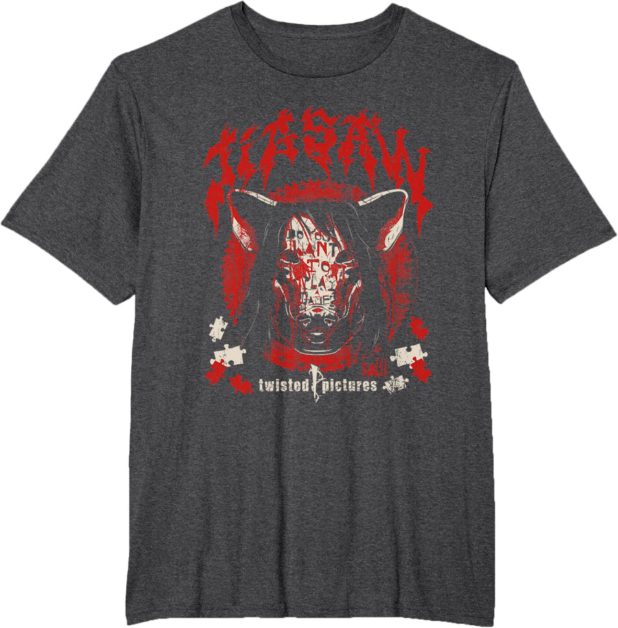 Saw Jigsaw Pig Mask Heavy Metal Horror Movie T-Shirt - Dark Heather Grey