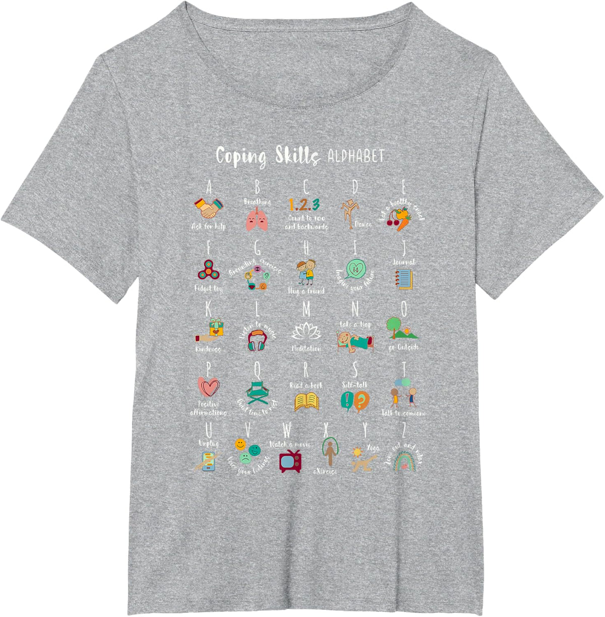 ABC Coping Skills Alphabet Self Care Mental Health Awareness T-Shirt - Heather Grey