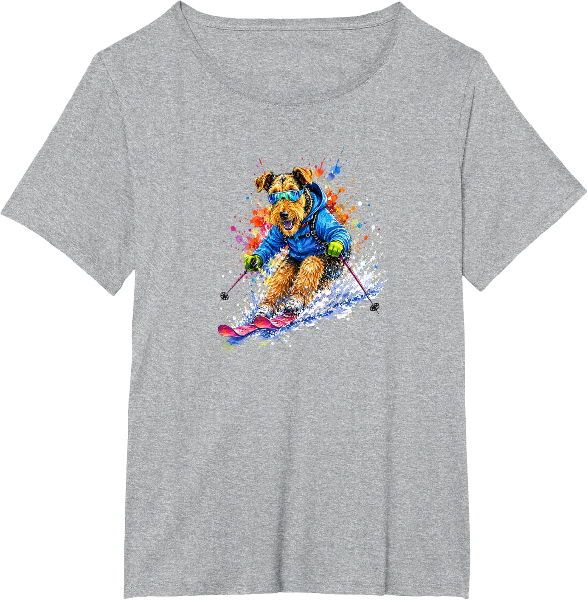 Airedale Terrier Dog Skiing Watercolor Splash Art T-Shirt - Heather Grey