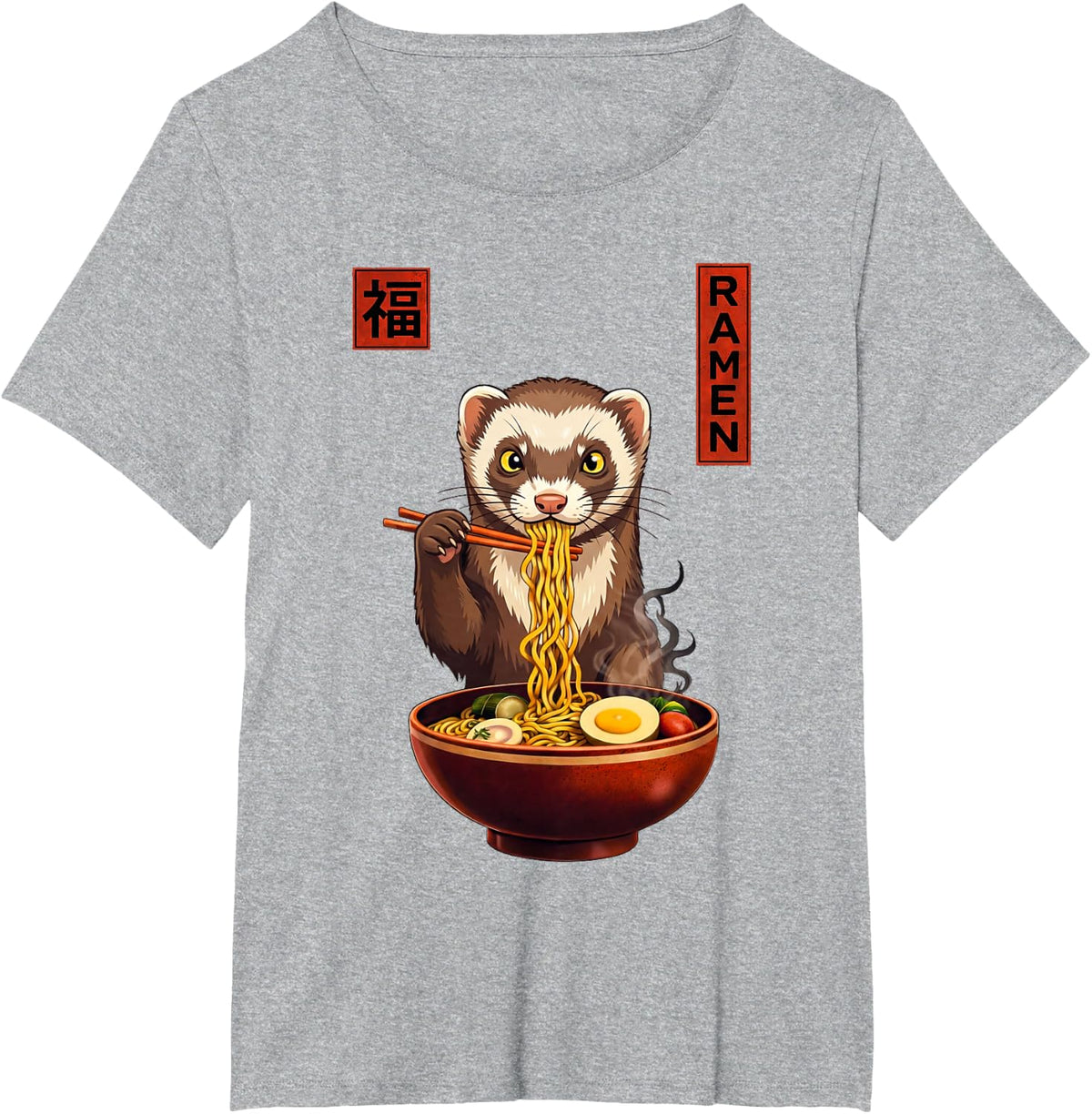 Ferret Ramen Japanese Art Funny Anime Graphic Tee Kawaii T-Shirt - Heather Grey