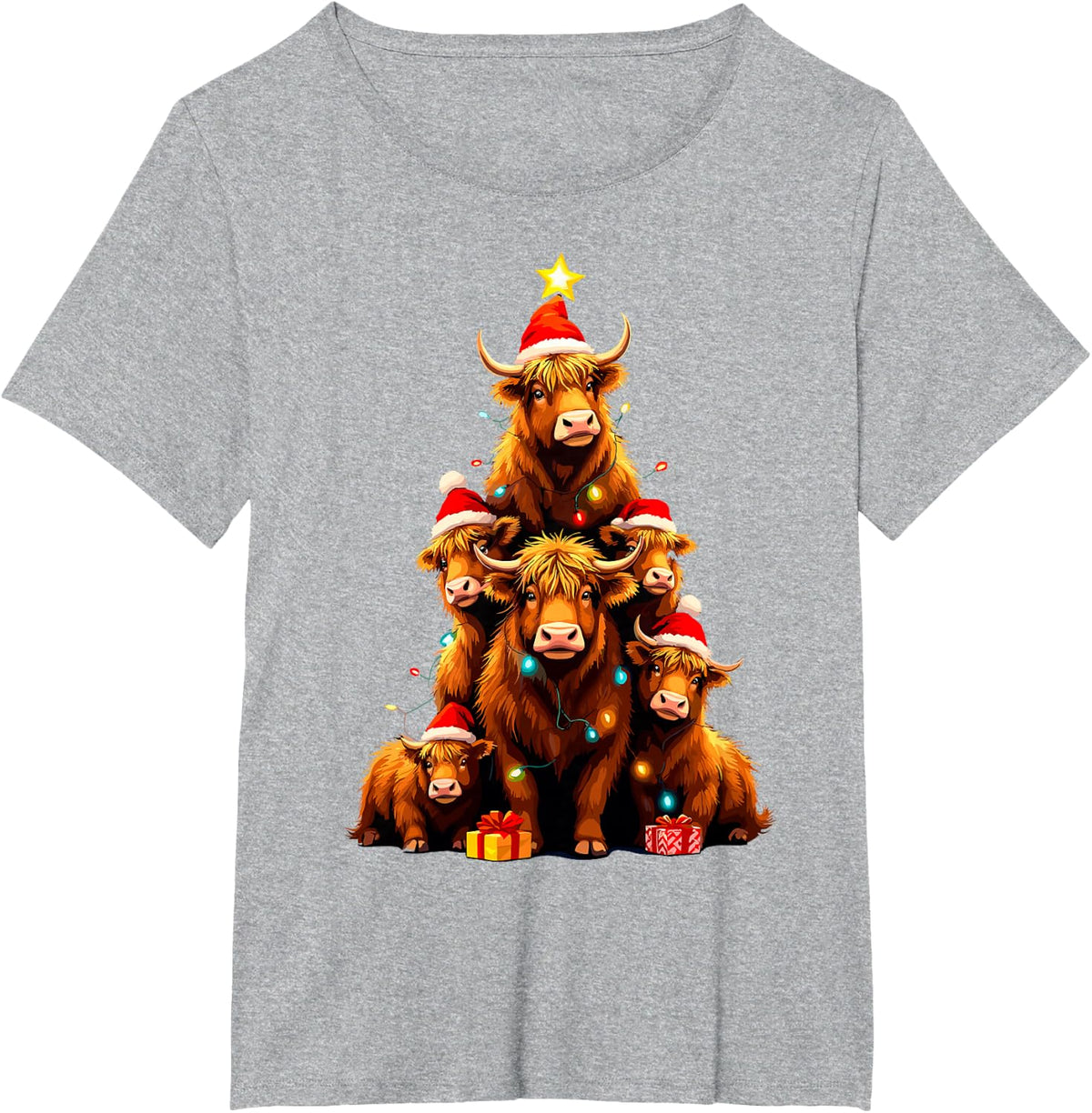 Merry Christmas Xmas Tree Highland Cow Farm Santa Tee T-Shirt - Heather Grey