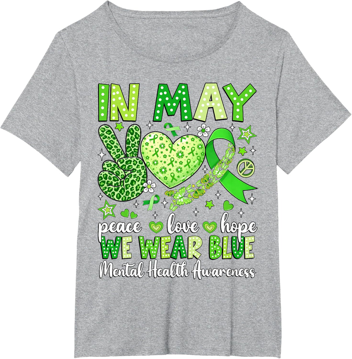 Peace Love Hope Mental Health Awareness Green Ribbon Kids T-Shirt - Heather Grey