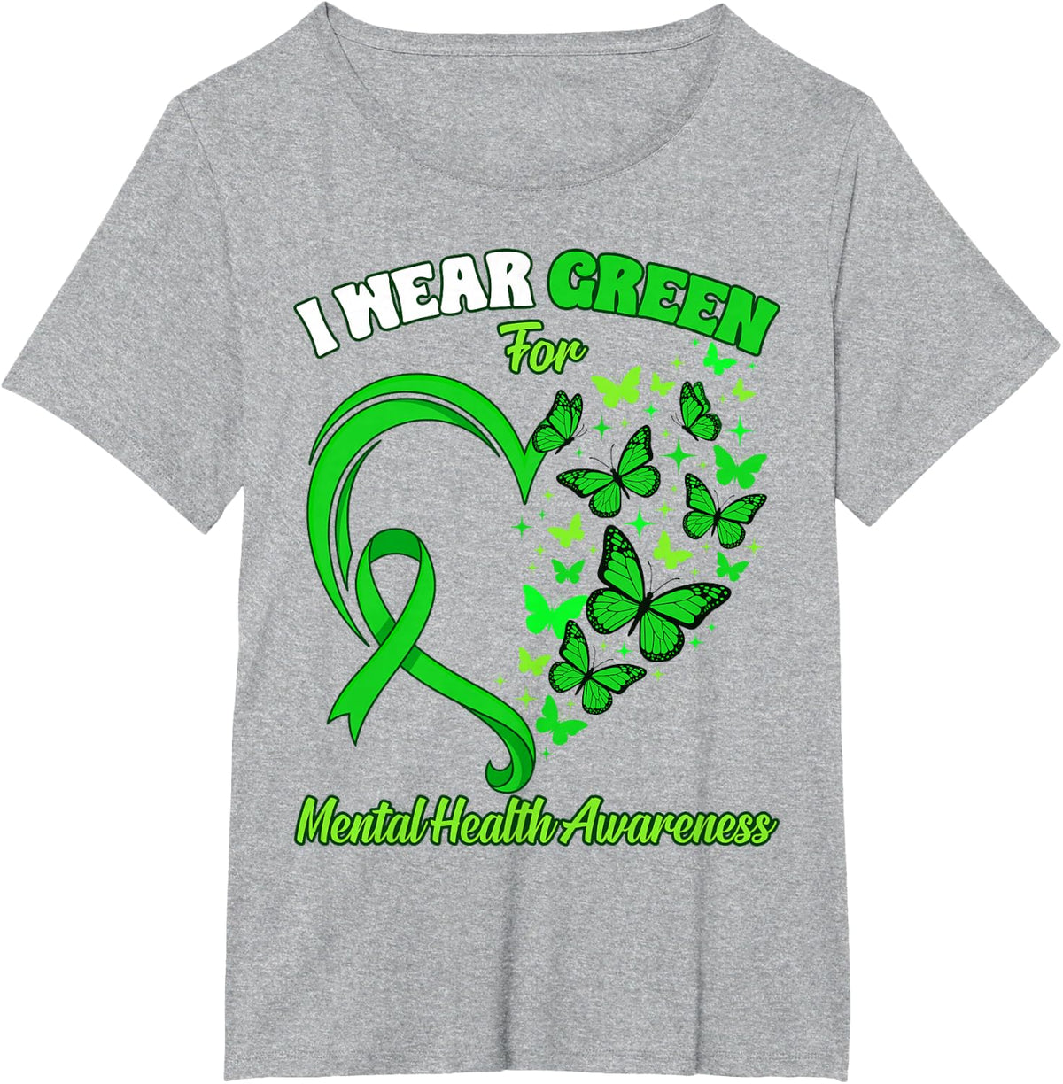 I Wear Green for Mental Health Awareness Butterfly Heart Tee T-Shirt - Heather Grey