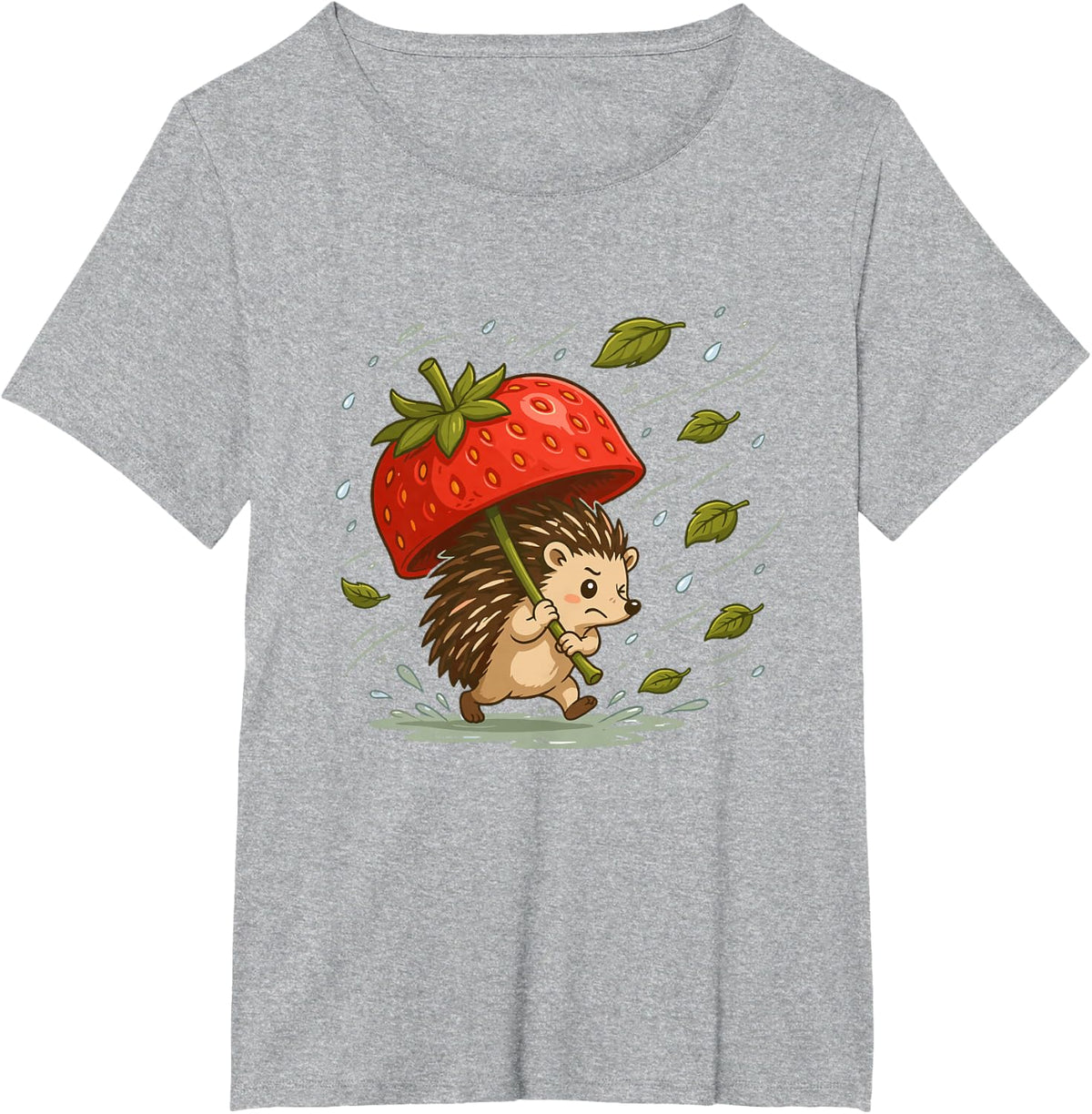 Rainy Day Hedgehog Strawberry Umbrella Autumn T-Shirt - Heather Grey