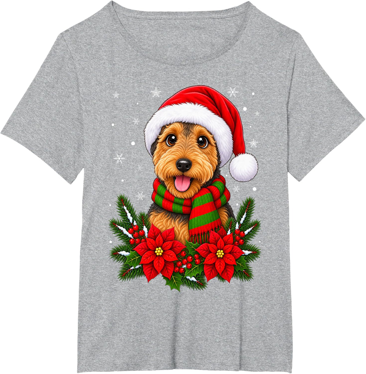 Cute Festive Flower Santa Hat Airedale Terrier Dog Christmas T-Shirt - Heather Grey