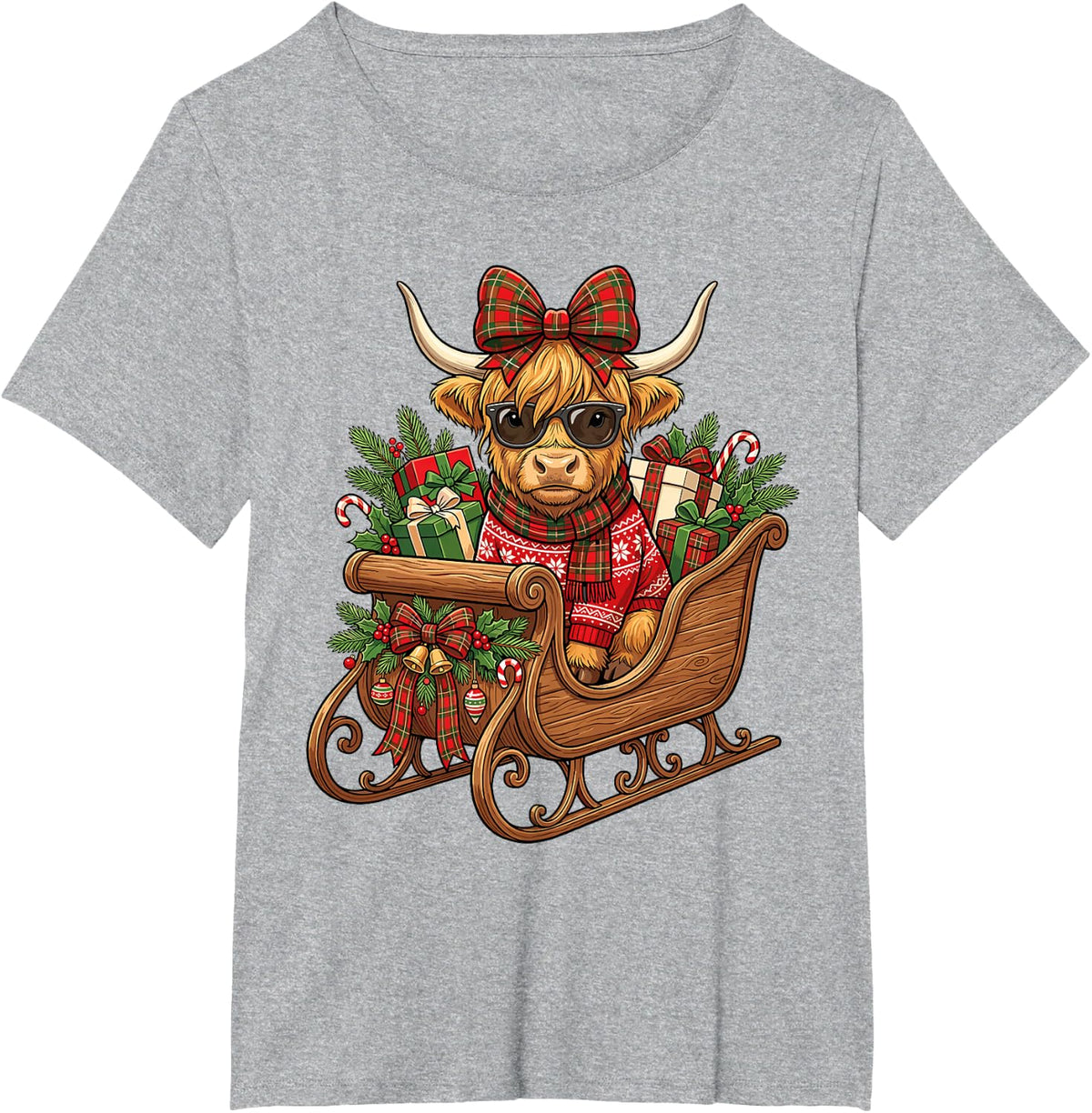 Cool Highland Cow Santa Claus Reindeer Funny Christmas T-Shirt - Heather Grey