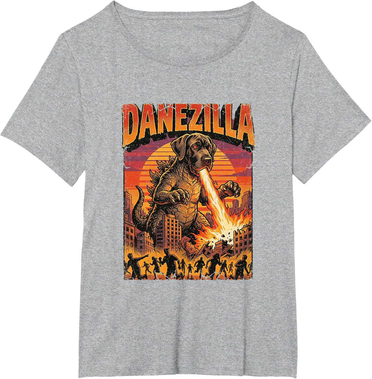 Danezilla Giant Great Dane Dog Monster Movie Parody T-Shirt - Heather Grey