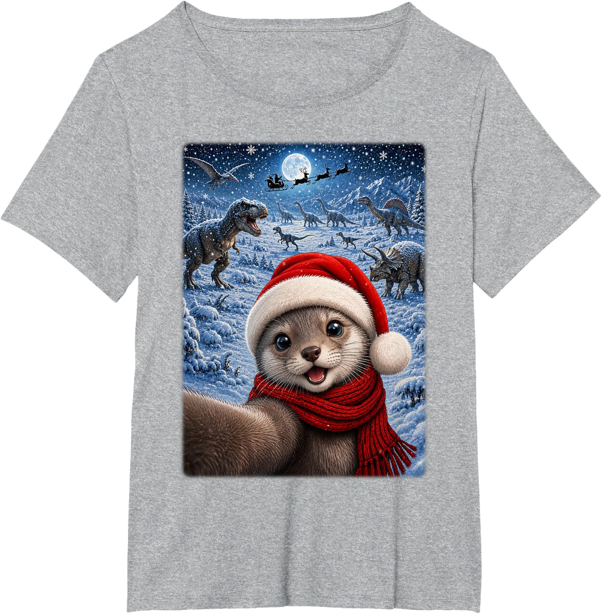 Xmas Dinosaurs Moon Night Starry Themed Ferret Christmas T-Shirt - Heather Grey