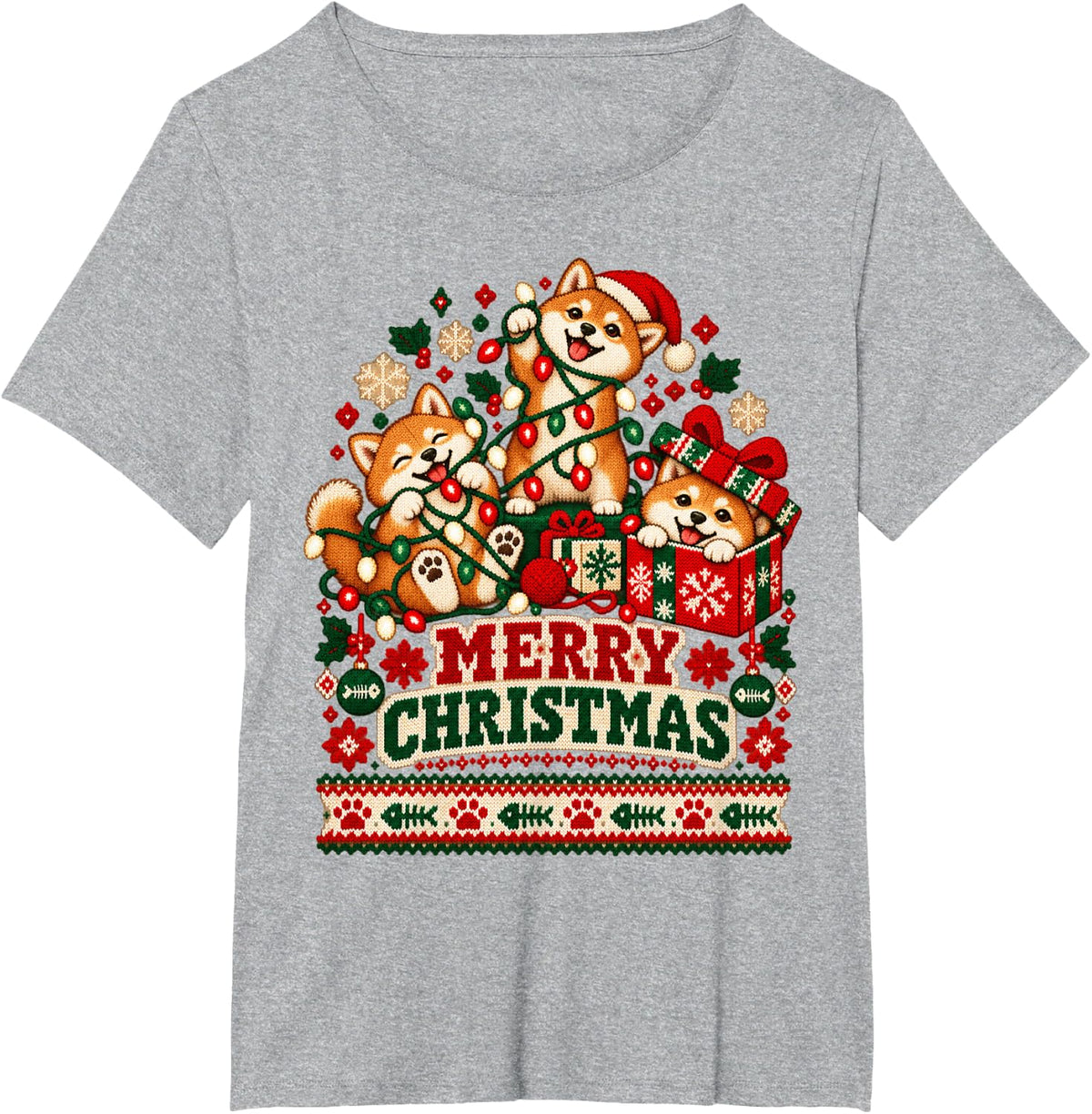 Merry Christmas Shiba Inu Playful Holiday Lights Men Women T-Shirt - Heather Grey