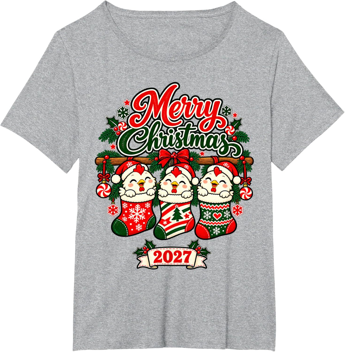 Merry Christmas 2027 Happy Chicken in Stockings Men Women T-Shirt - Heather Grey