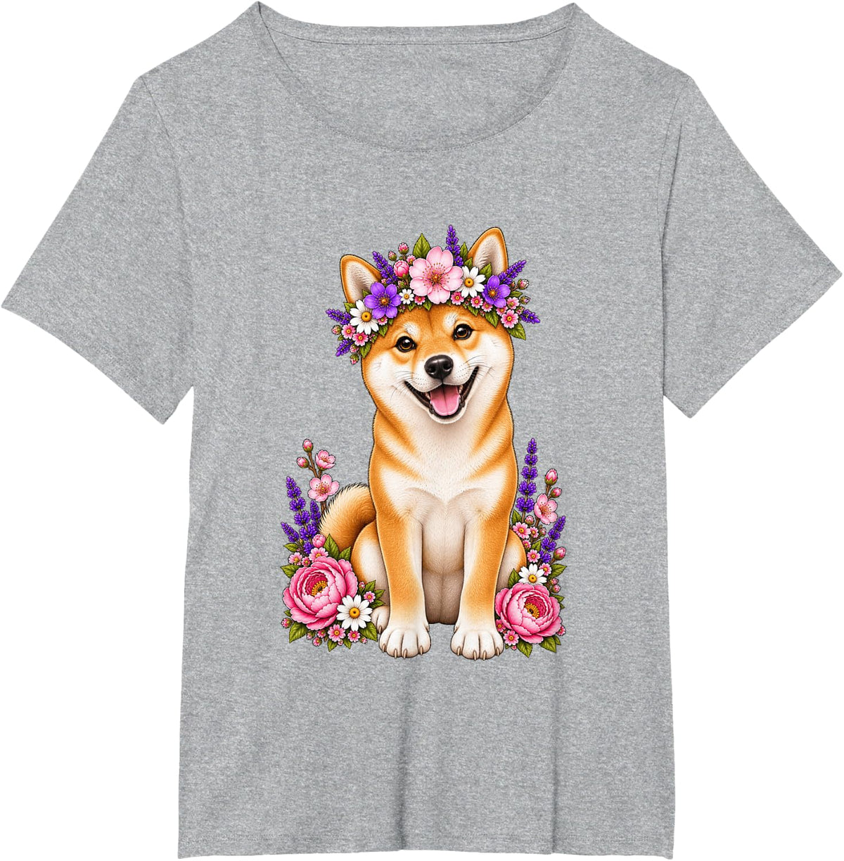 Shiba Inu Cute Floral Puppy Crown Flowers Adorable Dog T-Shirt - Heather Grey