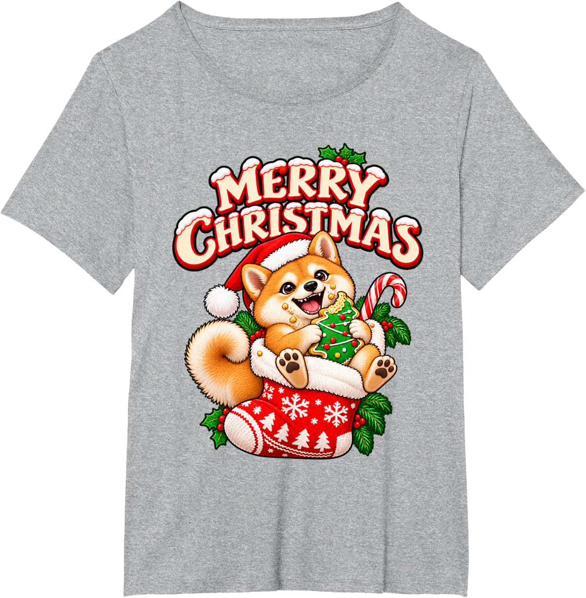 Merry Christmas Happy Shiba Inu Cute Stocking Funny T-Shirt - Heather Grey