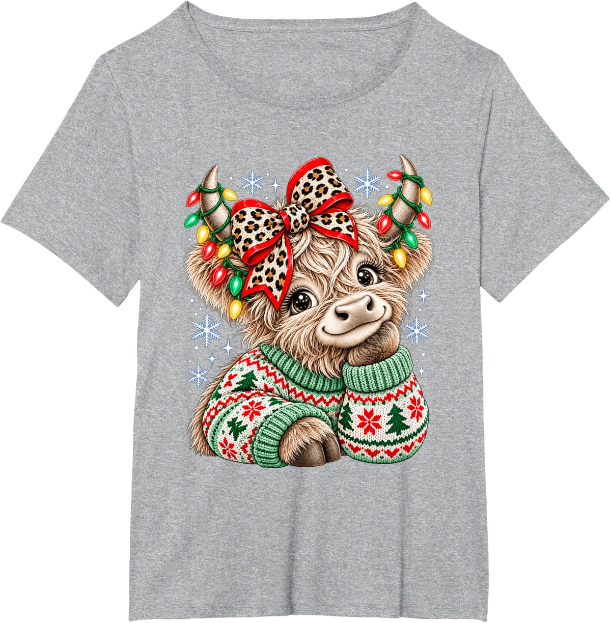 Christmas Highland Cow Cute Cow Leopard Coquette Bow T-Shirt - Heather Grey