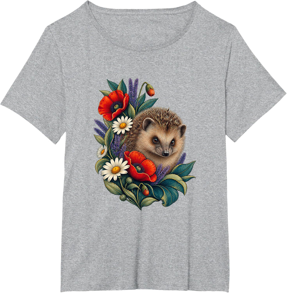 Hedgehog White Daisy Woodblock Illustration T-Shirt - Heather Grey