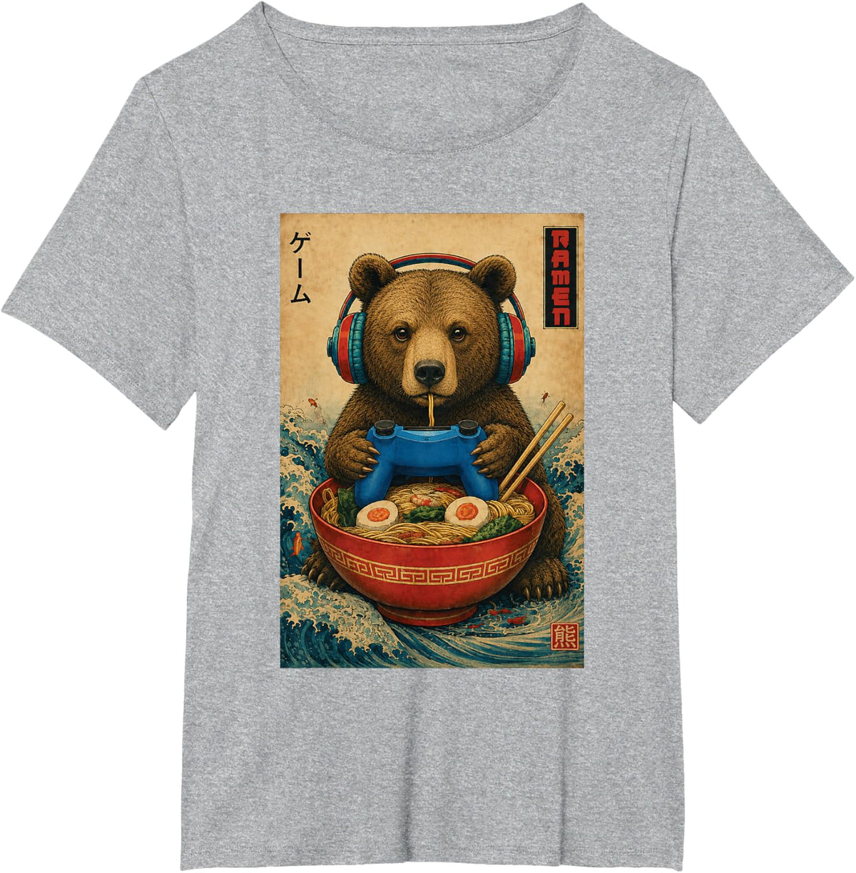 Ramen Gamer Bear Funny Gaming Animal Men Boys Kids T-Shirt - Heather Grey