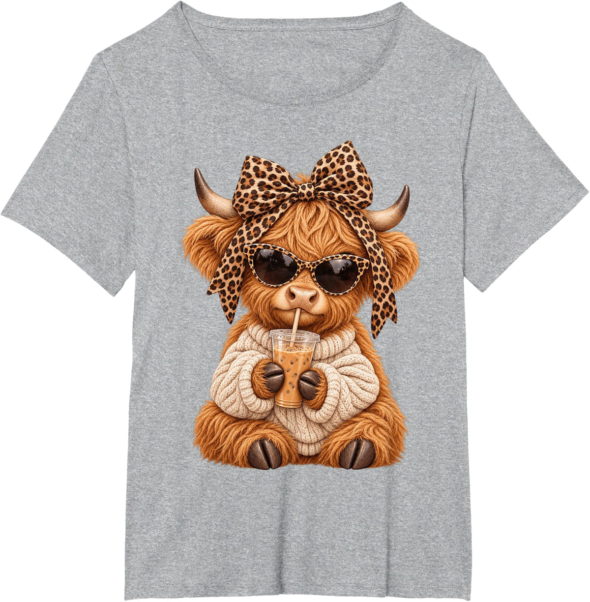 Cute Highland Cow Iced Coffee Leopard Coquette Bow Cowgirl T-Shirt - Heather Grey