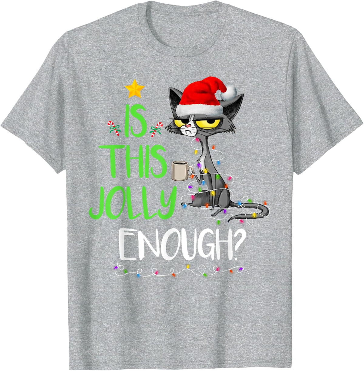 Is This Jolly Enough Black Cat Merry Christmas Tree Lights T-Shirt for Men Women Kids - Heather Grey