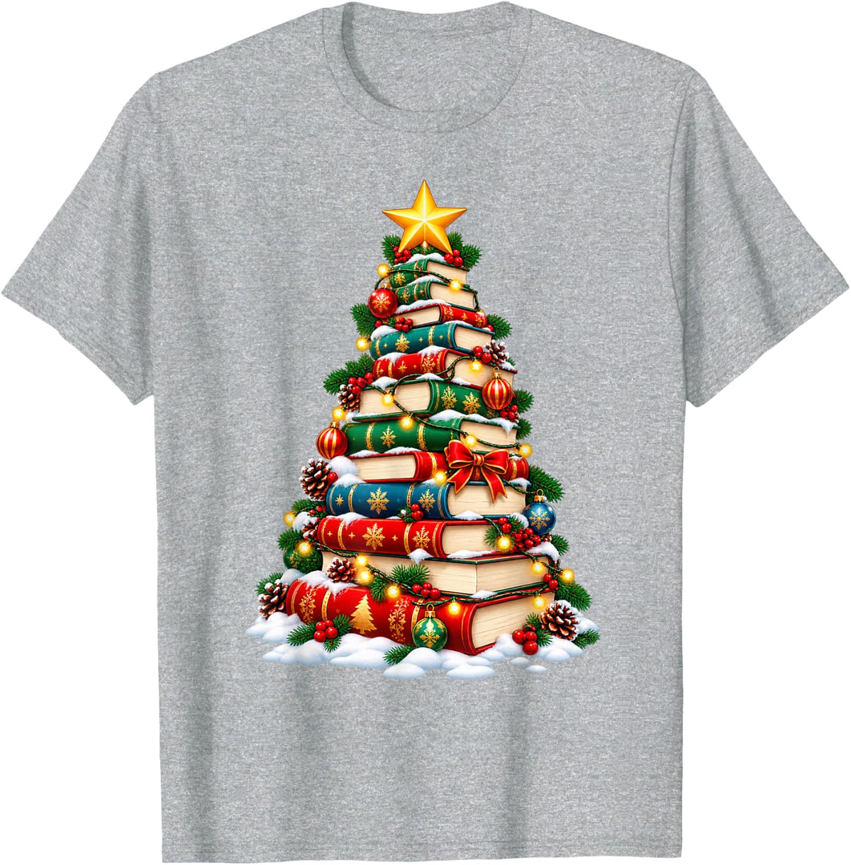 Merry Bookmas Tree Bookshelf Book Lover Librarian Reading T-Shirt - Heather Grey