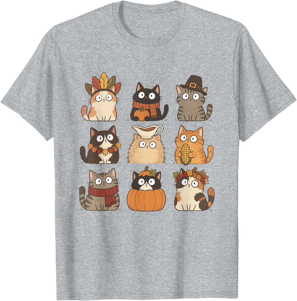 Thanksgiving Cats Cute Pumpkin Cat Funny Turkey Day Kitty T-Shirt - Heather Grey