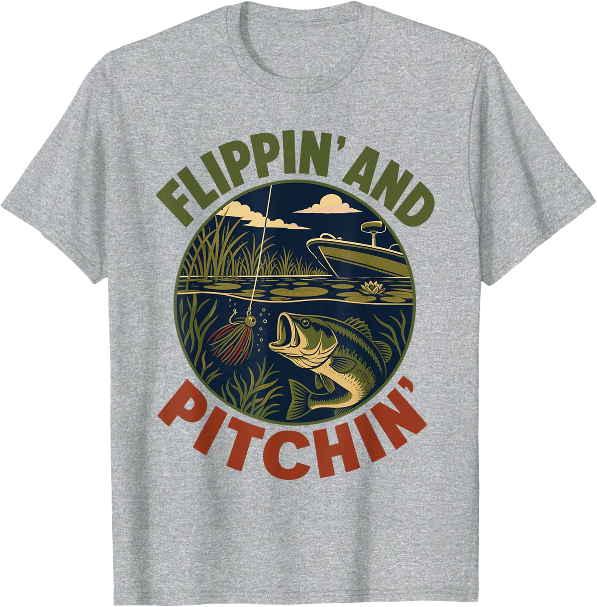 Flippin and Pitchin Bass Fishing T-Shirt - Heather Grey