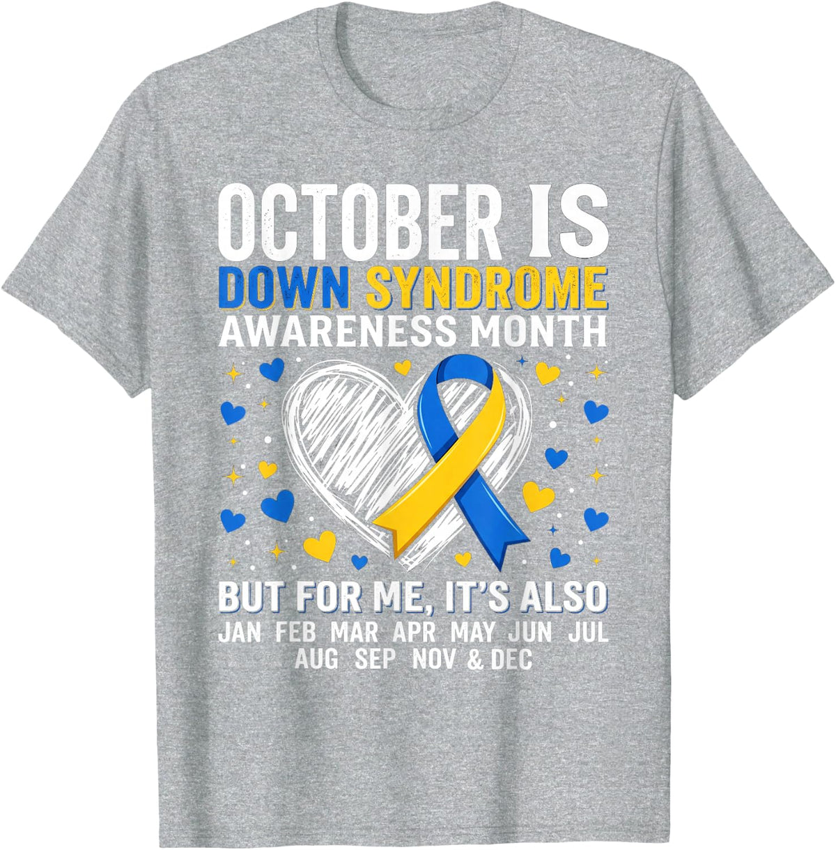 October is Down Syndrome Awareness Month Blue Yellow Ribbon T-Shirt - Heather Grey