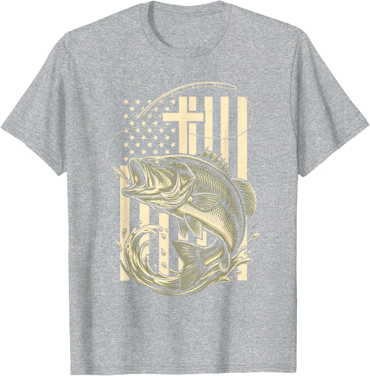 Christian Bass Fishing American Flag Cross Men T-Shirt - Heather Grey