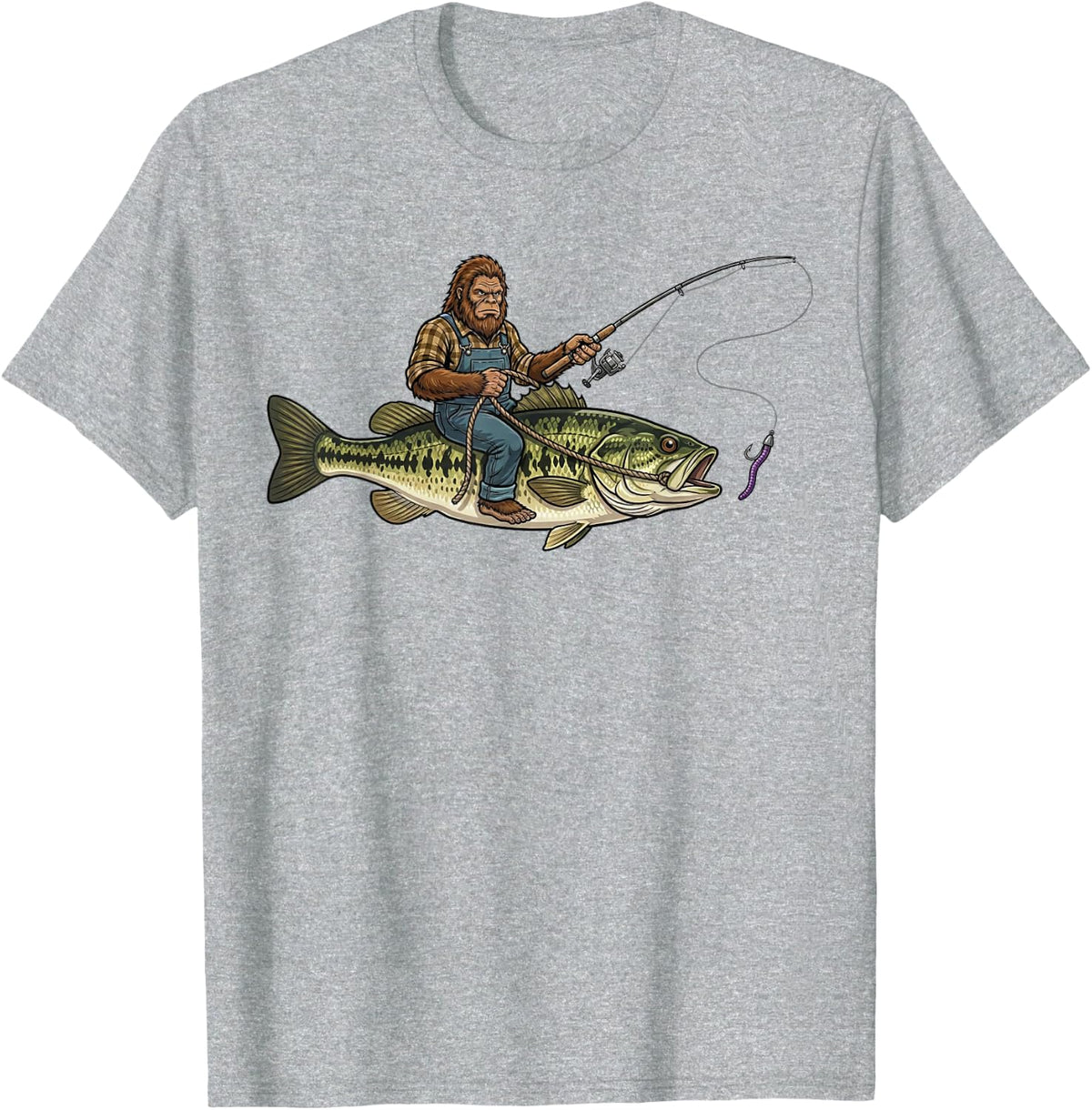 Largemouth Bass Fishing Bigfoot Riding Fisherman Funny T-Shirt - Heather Grey