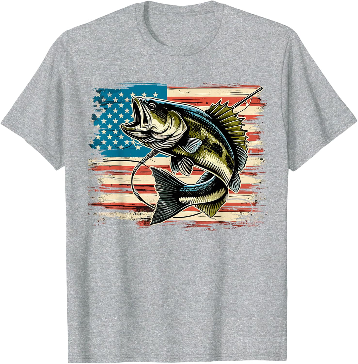 Patriotic Bass Fishing American Flag Fish T-Shirt - Heather Grey