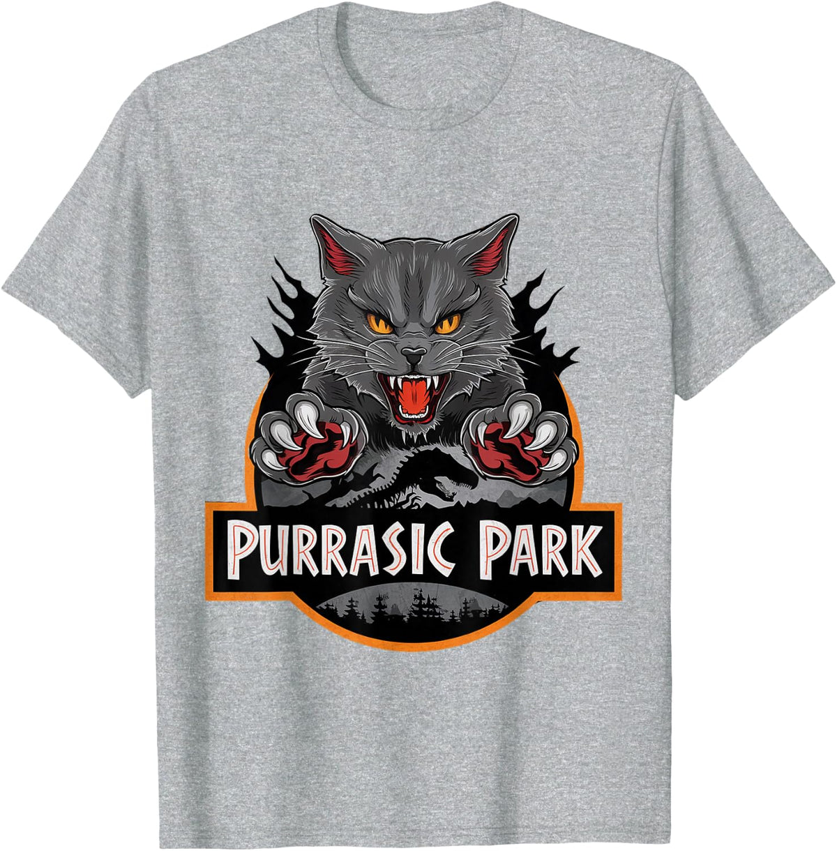 Purrasic Park Cat T-Rex Ancient Feline Dinosaur T-Shirt - Heather Grey