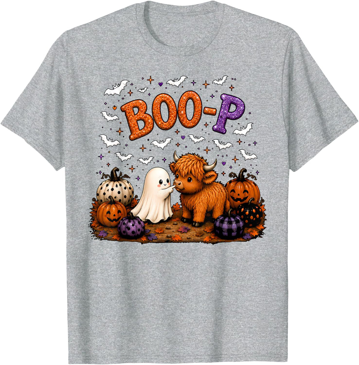 Boo-p Ghost Highland Cow Nose Boop Autumn Pumpkin Halloween T-Shirt - Heather Grey