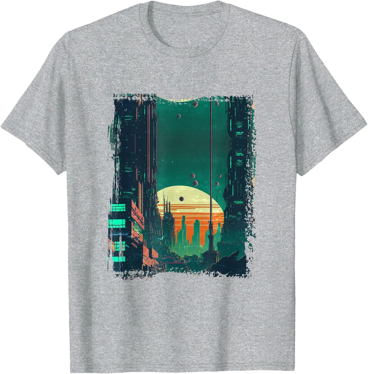 Retro Vintage Sunset In A Synthwave/Cyberpunk City Art T-Shirt - Heather Grey