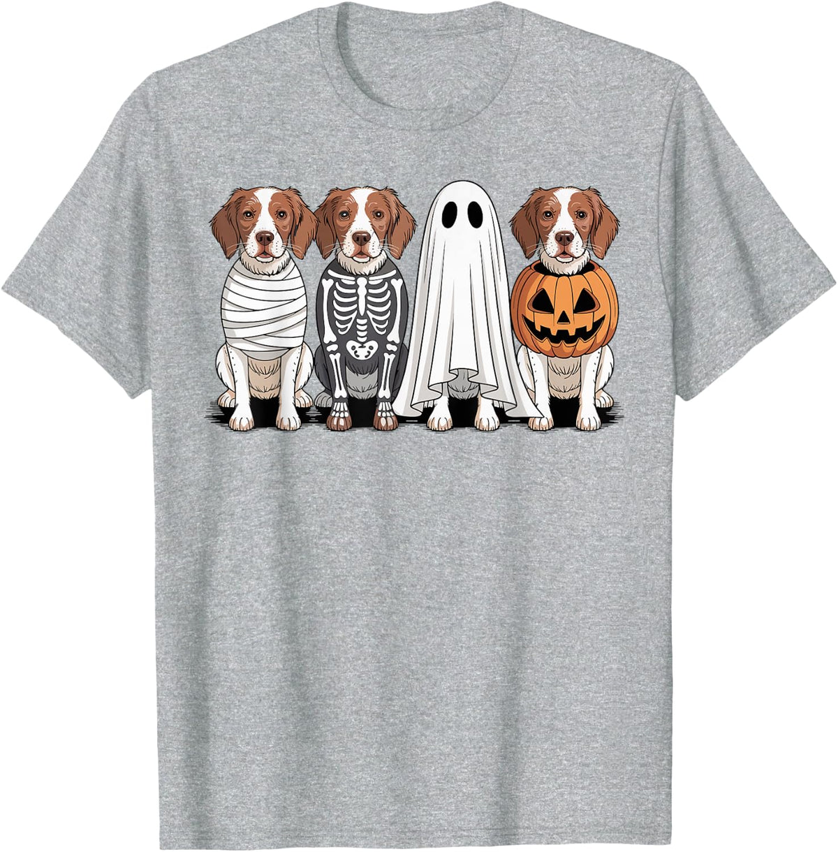Spooky Ghost Brittany Spaniel Pumpkin Halloween Dog Skeleton T-Shirt - Heather Grey