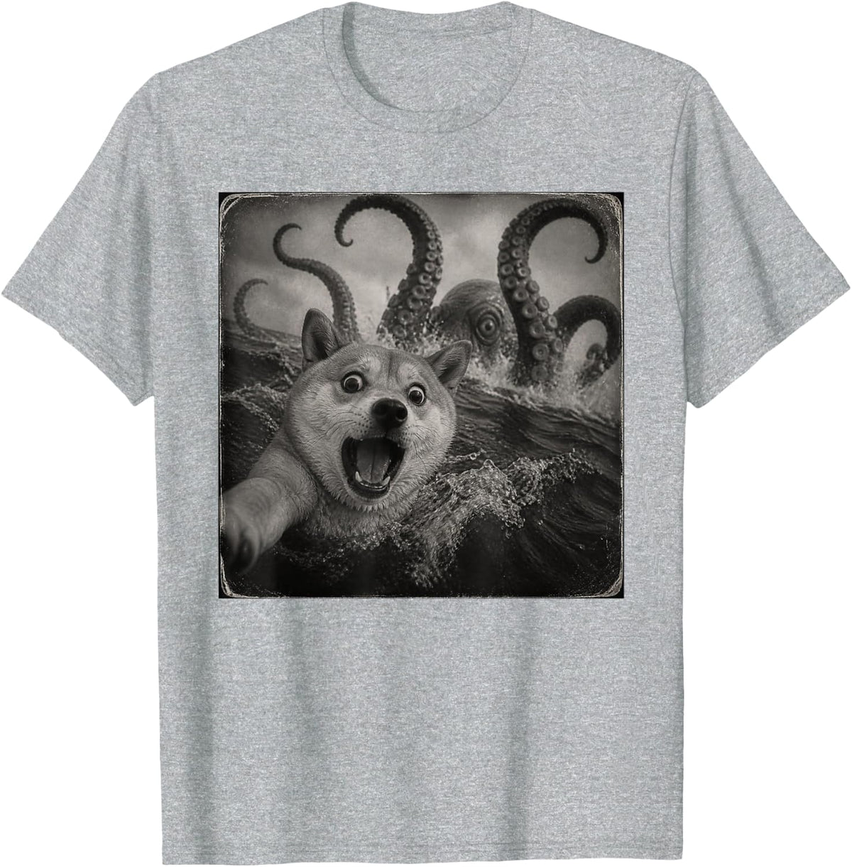 Funny Octopus and Shiba Inu T-Shirt - Heather Grey