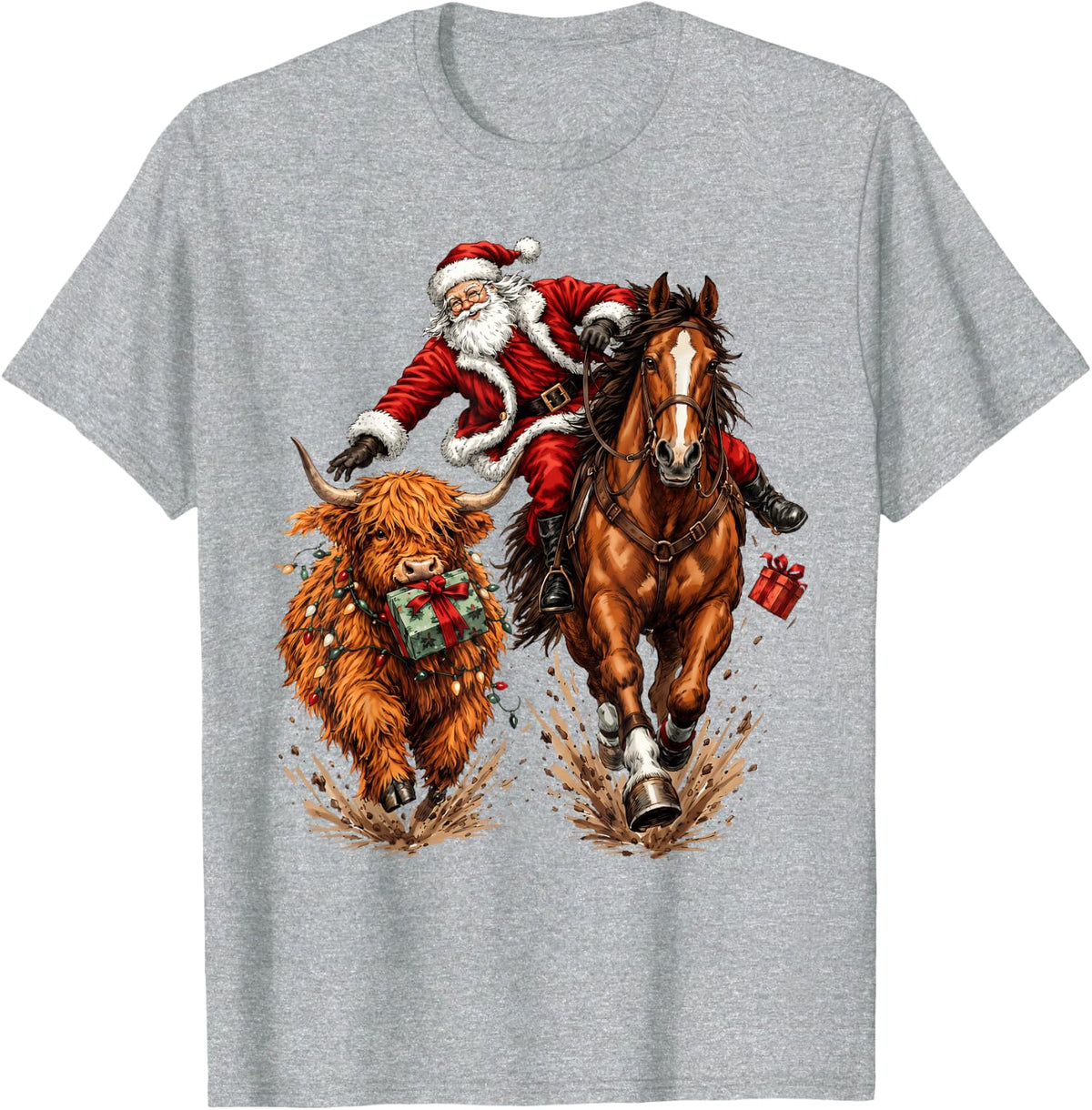 Retro Western Christmas Santa Riding Horse Highland Cow T-Shirt - Heather Grey