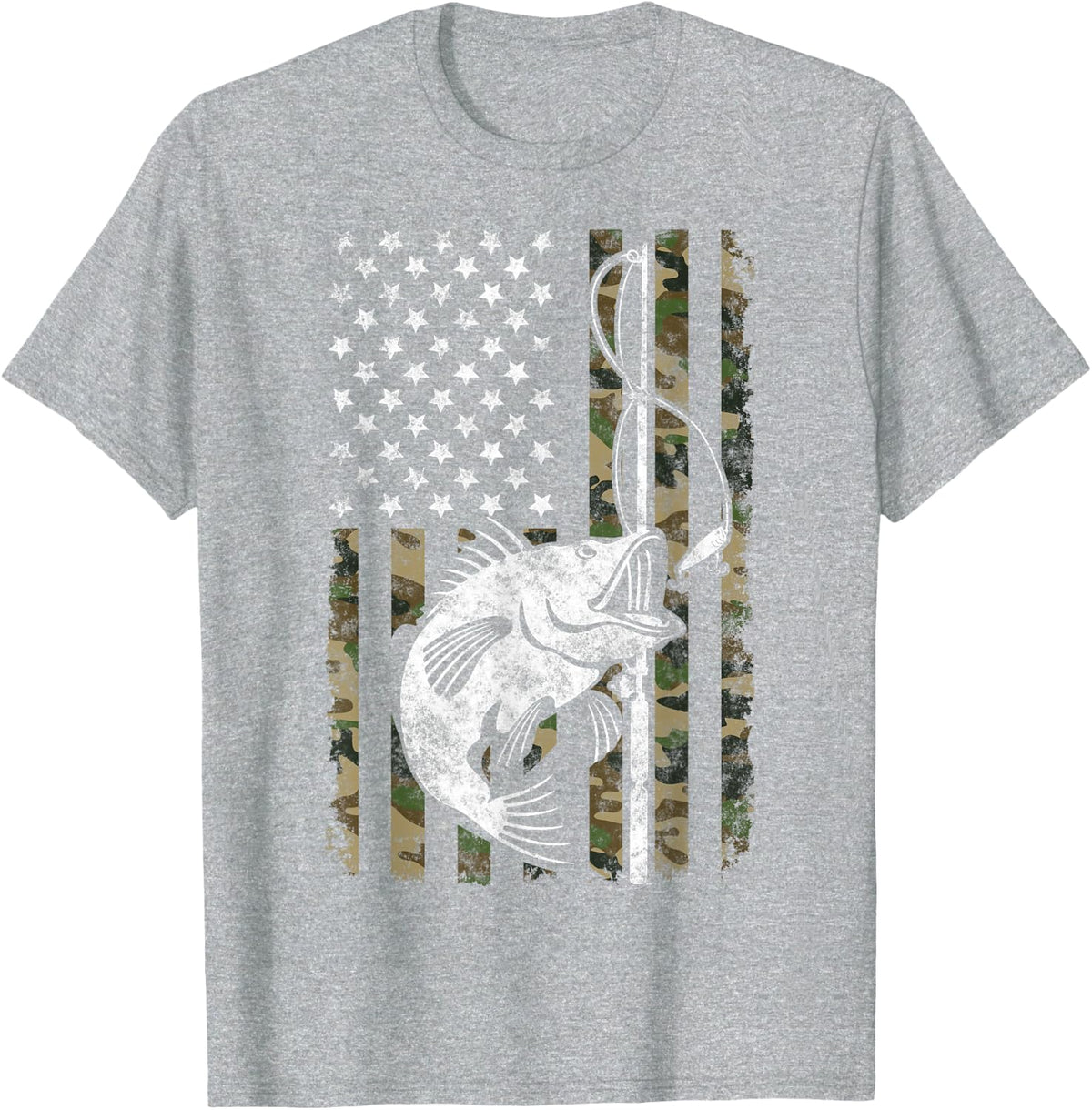 Camouflage American Flag Bass Fishing Gift Fisherman T-Shirt - Heather Grey