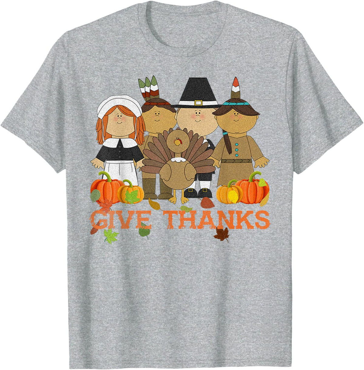 Give Thanks Shirt Pilgrim Indian Thanksgiving Day Turkey Tee T-Shirt - Heather Grey