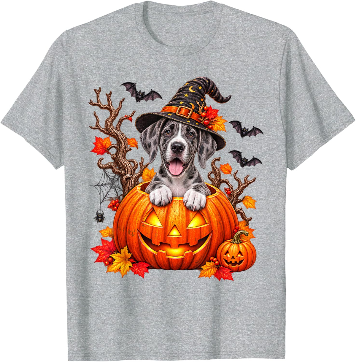 Great Dane Pumpkin Halloween Thanksgiving Men Women T-Shirt - Heather Grey