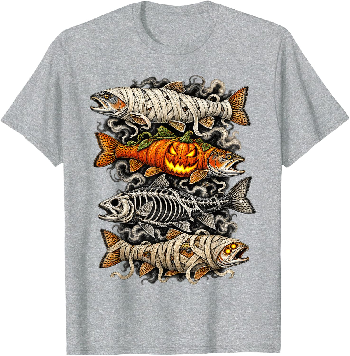 Halloween Trout Fish Ghost Pumpkin Skeleton Mummy T-Shirt - Heather Grey