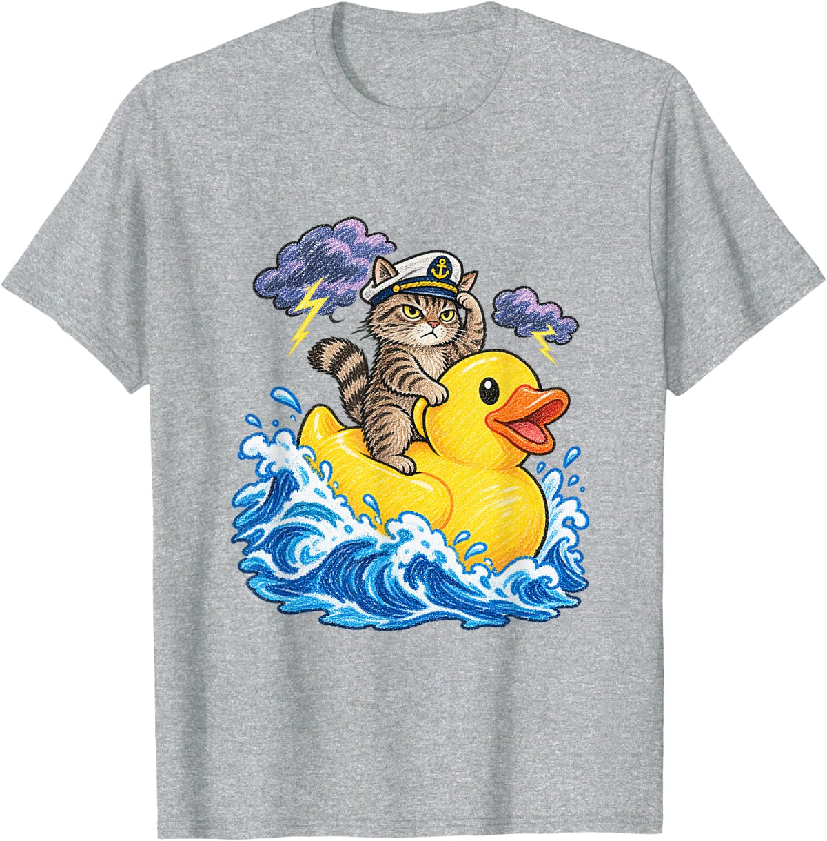 Cat Riding Giant Rubber Duck Funny Animal Meme T-Shirt - Heather Grey