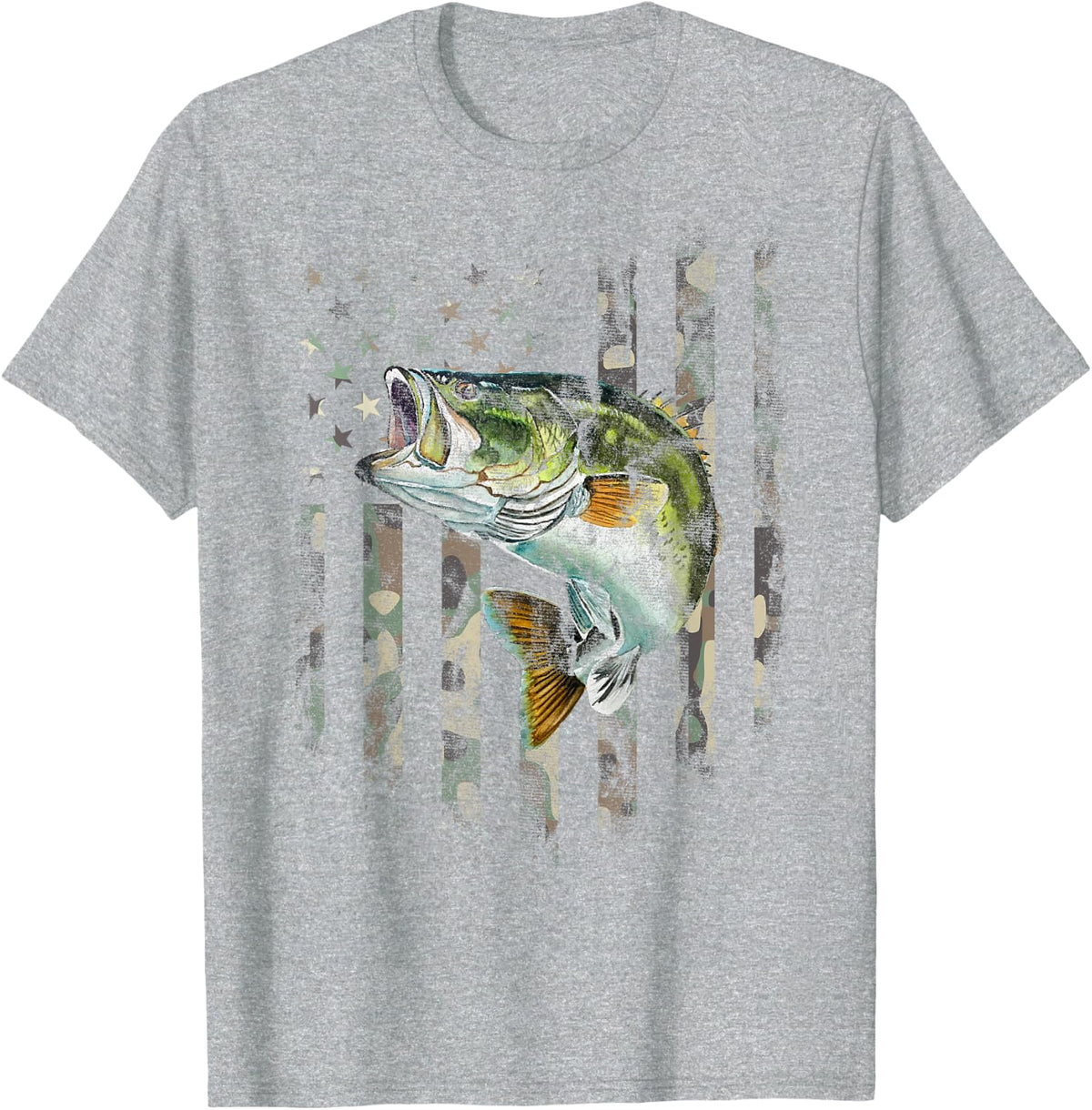 Camo American Flag Bass Fishing Fishermen Patriotic USA Flag T-Shirt - Heather Grey