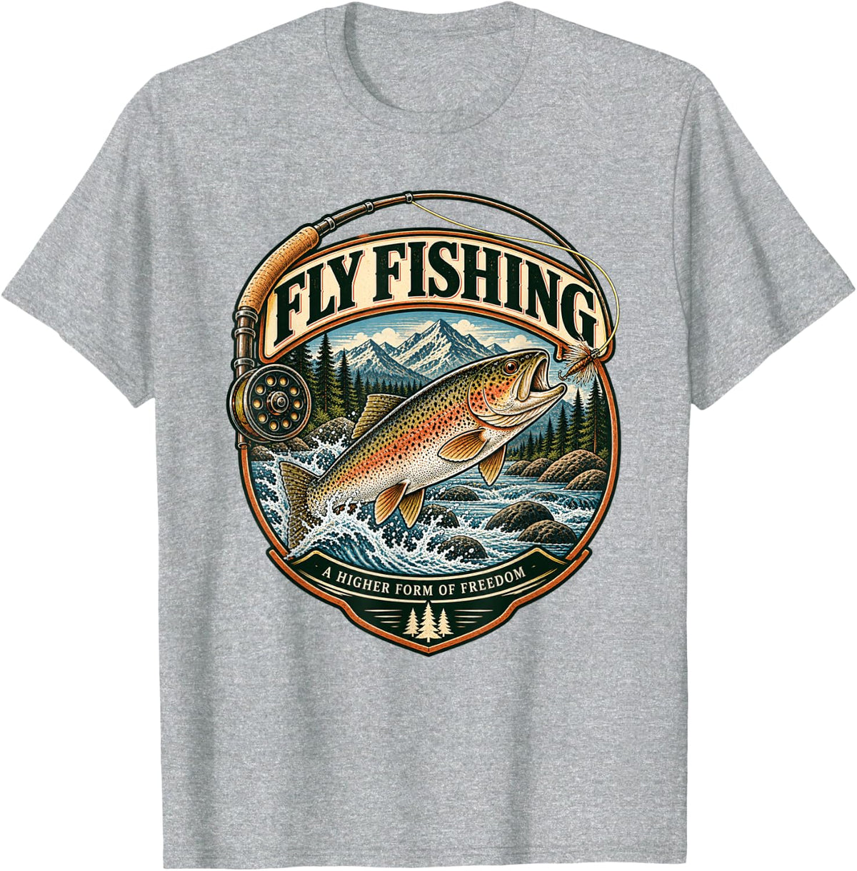 Fly Fishing Vintage Trout Wilderness Heritage T-Shirt - Heather Grey